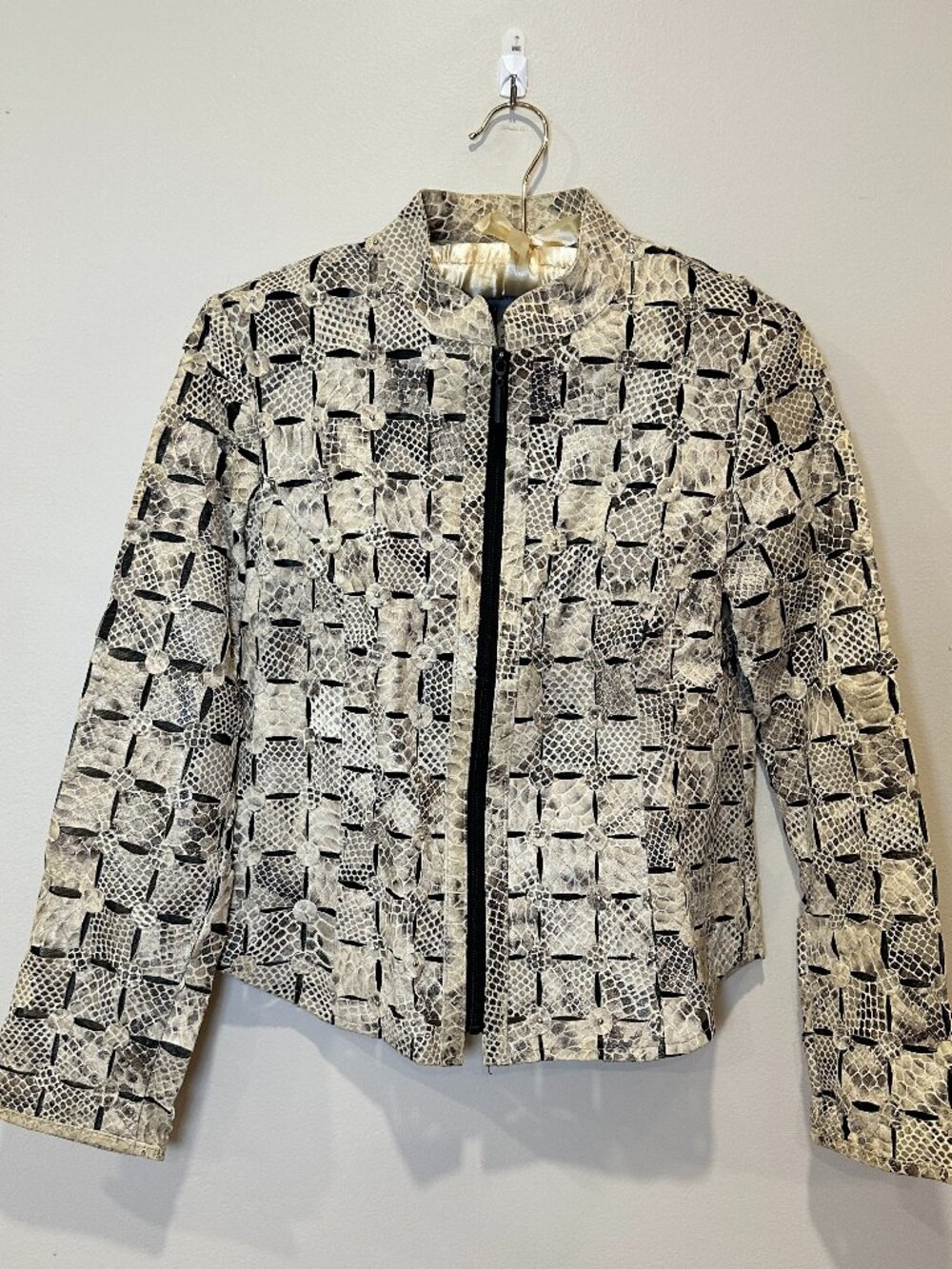 Vintage Stillman Studio Lamb Leather Jacket Size M Animal Print Tan W/ Cut Outs